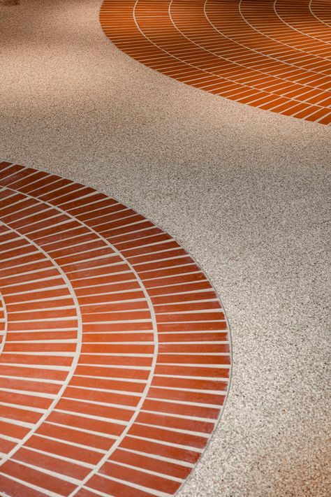 norrri cafe by atelier ah | Café interiors Curved Flooring Pattern, Cafe Floor Design, Cafe Tile Floor, Brick Floor Design, Brick Counter, Flooring Pattern Design, Cafe Entrance, Brick Pattern Tile, Brick Interior Design