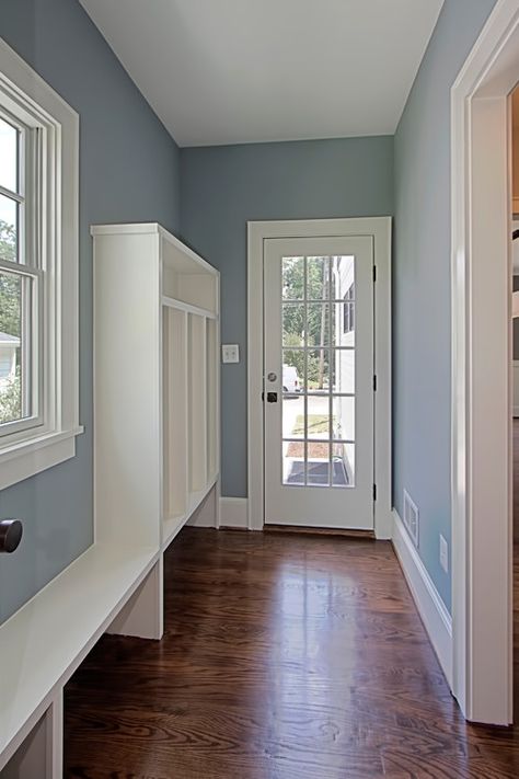 Nimbus Gray Benjamin Moore Nimbus Gray, Paint Color Trends, New Neutrals, Hallway Paint, Blue Gray Paint Colors, Blue Gray Paint, Oak Trim, Trending Paint Colors, Favorite Paint Colors