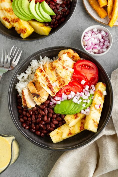 Grilled Cuban Mojo Chicken Bowls - The Roasted Root Cuban Mojo Chicken, Mojo Chicken, Cuban Mojo, Fried Plantains, Grilled Chicken Tenders, Chicken Bowls, Ripe Plantain, Yummy Dishes, Successful Entrepreneur