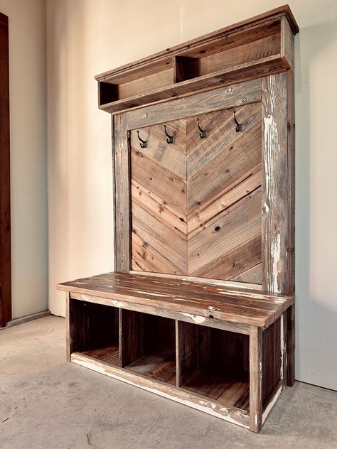 Beautiful, rustic solid wood entry bench with four vintage-style double brass coat hooks, a long hat shelf, and three shoe cubbies for baskets or as is!  FREE LOCAL PICKUP - SHIPPING CHARGE WILL BE REFUNDED IF PICKED UP Shoe Cubbies, Minwax Stain Colors, Shoe Cubby, Western Bedroom Decor, Rustic Furniture Diy, Western Bedroom, Minwax Stain, Barn Wood Projects, Rustic Wood Furniture