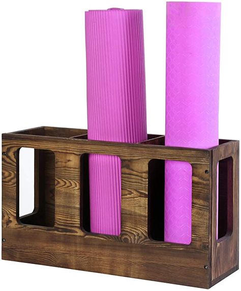 Amazon.com : MyGift 3 Compartment Vintage Dark Brown Wood Gym Sports Fitness Foam Roller/Yoga Mat Holder Wall Mounted or Floor Storage Rack : Sports & Outdoors Pilates Space, Yoga Mat Rack, Yoga Storage, Home Gym Storage, Home Yoga Room, Gym Organizer, Wood Storage Rack, Sport Rack, Yoga Mat Holder