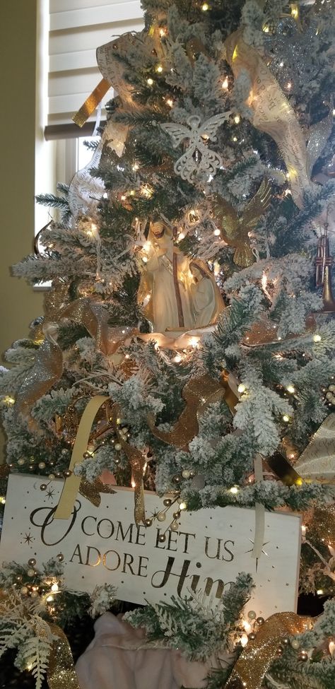 Tree from Big Lots..nativity from Ross.. Ribbon,angels,and sign from Hobby Lobby... Ribbon Angels, Jesus Tree, Church Christmas Decorations, Angel Theme, Hobby Lobby Christmas, Christmas Jesus, Ribbon On Christmas Tree, Religious Christmas, Christian Christmas