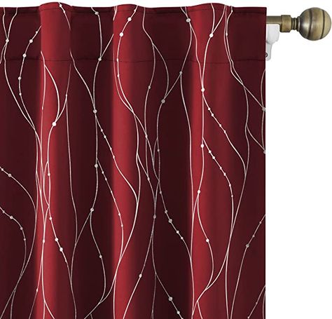 Amazon.com: HOMEIDEAS Burgundy/Red Blackout Curtains 52 X 84 Inch Length 2 Panels Silver Wave Line with Dots Printed Back Tab Room Darkening Curtains, Pocket Thermal Light Blocking Window Curtains for Bedroom : Home & Kitchen Maroon Curtains, Burgundy Curtains, Silver Color Scheme, Blackout Panels, Curtain Styles, Gold Curtains, Curtains For Bedroom, Nursery Curtains, Grey Curtains