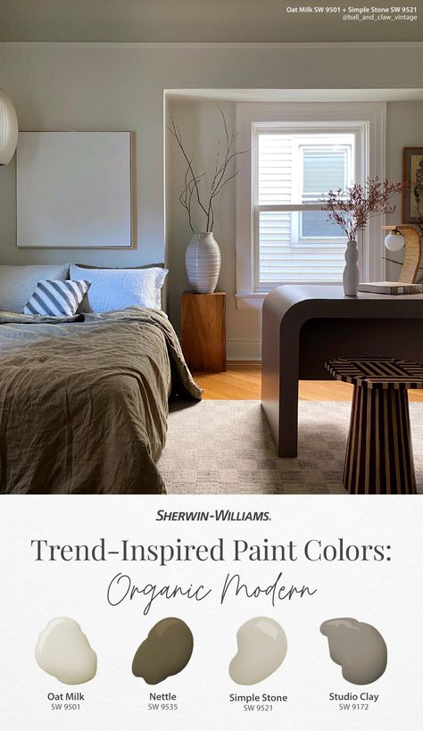 Give your bedroom an organic modern upgrade with Sherwin-Williams paint. Try colors like Oat Milk SW 9501, Nettle SW 9535, Simple Stone SW 9521, and Studio Clay SW 9172 for the perfect balance of earthy and upscale. To see these hues in your home, tap this pin to order free color chips. (Photo courtesy of @ball_and_claw_vintage on Instagram.) #sherwinwillaims #color #organicmodern #paint #diy #bedroom #decor #interiordesign Sherwin Williams Simple Stone Paint, Modern Organic Bedroom Paint, Organic Modern Interior Paint, Modern Organic Wall Colors, Sw Interior Paint Colors Schemes, Sw Earthy Colors, Sherwin Williams Organic Modern, Organic Modern Bedroom Paint Colors, Stone Colored Paint