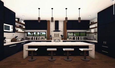 Bloxburg House Ideas Mansion Layout, Dark Modern Kitchen, Big Kitchen Ideas, Modern Kitchen Room, Modern Suburban House, Big Modern Houses, Blocksburg Room Ideas￼, House Plans With Pictures, Bloxburg Builds