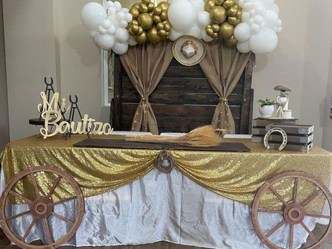 White And Gold Bautizo, Western Bautizo, Main Table Quinceanera, Charro Party Ideas, Charro Quinceanera Theme, Rope Planter, Event Decor Ideas, Quince Stuff, Party Decorations Table