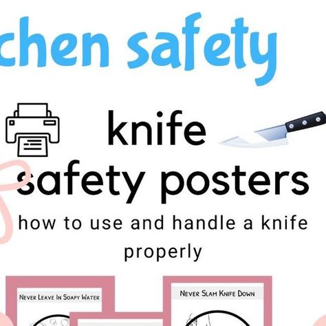 Fork and Knife Teacher + FCS + Cooking/Baking Teacher on Instagram: "Discover a safer way to educate your culinary students on knife handling with our black and white posters. They vividly highlight the essential safety rules with images, providing a clear and concise communication tool. From basic rules like holding the knife tip down and blade back, to never running with a knife or leaving it in soapy water, each point is carefully depicted. Equip your classroom today for a safer culinary journey." Knife Skills Worksheet, Knife Safety Poster, Kitchen Safety Posters, How To Use Fork And Knife To Eat, Kitchen Safety Rules, Cooking In The Classroom, Safety Rules, Safety Posters, Family And Consumer Science