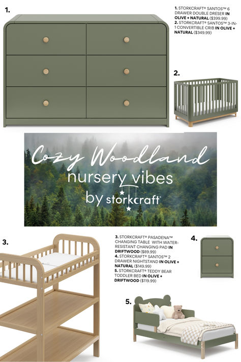 Cozy woodland nursery vibes, by Storkcraft. Two-tone olive green six-drawer double dresser with wooden knobs. Two-tone baby crib in olive green with natural wood base. Two-tone toddler bed in olive green with natural wood base. Wood-tone baby changing table. Nursery Gliders, Forest Vibes, Kids Bedroom Storage, Changing Tables, Nursery Glider, Nursery Room Design, Dream Nurseries, Toddler Beds, Kids Bedrooms