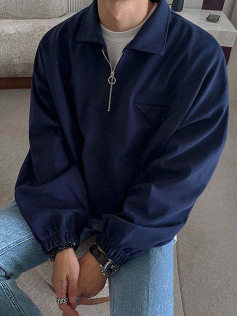 Quarter Zip Throwover | Streets of Seoul | Men's Korean Style Fashion Quarter Zip Outfit, Blue Outfit Men, Quarter Zip Men, Street Style Outfits Men, Guys Clothing Styles, Men Stylish Dress, Mens Outfit Inspiration, Cool Outfits For Men, Men's Korean Style