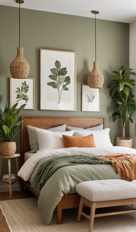 Green Earth Tones Bedroom, Cozy Room Design Ideas, Green Wooden Bedroom, Nature Interior Design Bedroom, New Model Bedroom Design, Natural Room Colors, Bedroom With One Green Wall, Plant Accent Wall Bedroom, Room Decor Simple Ideas