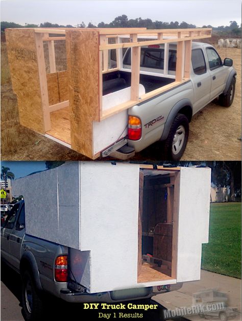 Mobile Rik built a Homemade DIY Truck Camper for his Tacoma Prerunner for under $250 Diy Truck Camper, Vw Caddy Mk1, Vw T3 Doka, Truck Camper Shells, Slide In Truck Campers, Homemade Camper, Truck Bed Camping, Pickup Camper, Slide In Camper