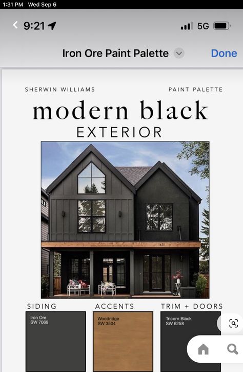 Modern Dark Grey House Exterior, Chelsea Houska House Exterior, Charcoal Exterior Paint Colors For House, Dark Grey Outdoor House Paint, Creme And Black House Exterior, Black Exterior Lake House, Black Stain Brick Exterior, Brown And Black Metal Building, Black House Ideas Exterior Paint