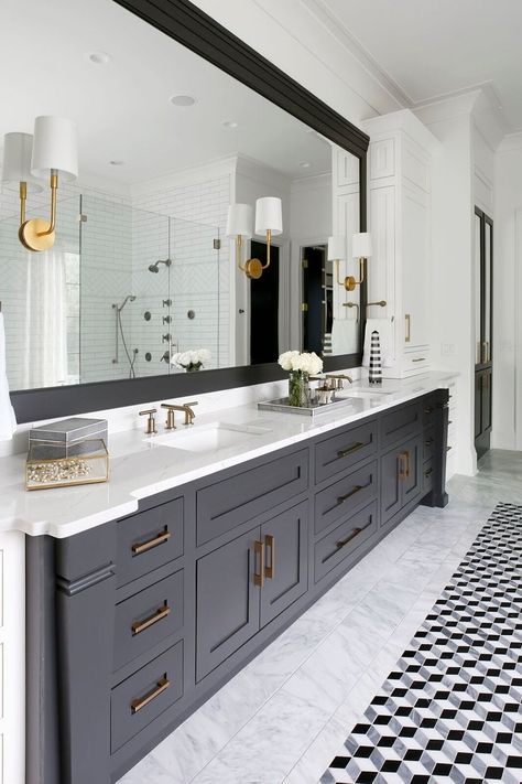 Master bath vanities are in the Iron Ore color used elsewhere in the house. Design Interior Baie, Dark Gray Bathroom, Master Bath Vanity, Black Vanity Bathroom, Trendy Photography, Master Bathrooms, Large Bathroom, Colour Photography, Bad Inspiration