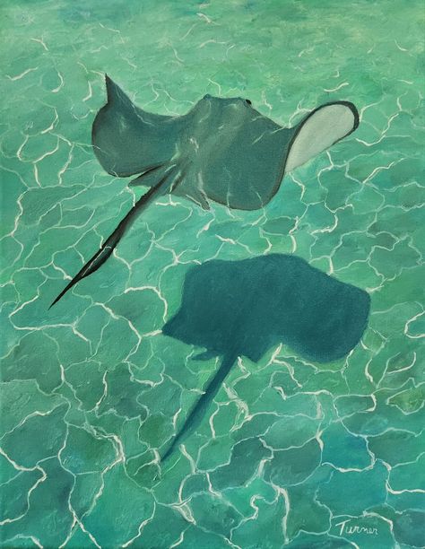 Solitary stingray under refractive light Ocean Oil Painting, Underwater Painting, Underwater Art, Oil Canvas, Water Art, Water Painting, Seascape Paintings, Ocean Art, Stingray