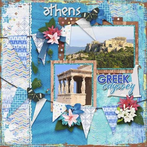 Greek Scrapbook Ideas, Greece Scrapbook Layouts, Greece Scrapbook Ideas, Greece Scrapbook, Scrapbooking Layouts Travel, Scrapbook Project, Scrapbook Inspo, 2 Template, Greece Honeymoon