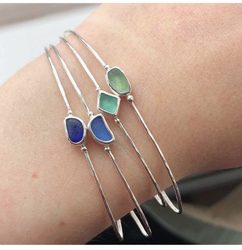 Chunky Silver Jewellery, Artsy Jewelry, Minimal Jewellery, Hammered Bracelet, Handmade Silver Jewellery, Bolt Ring, Sea Glass Bracelet, Glass Bangles, Silver Sea