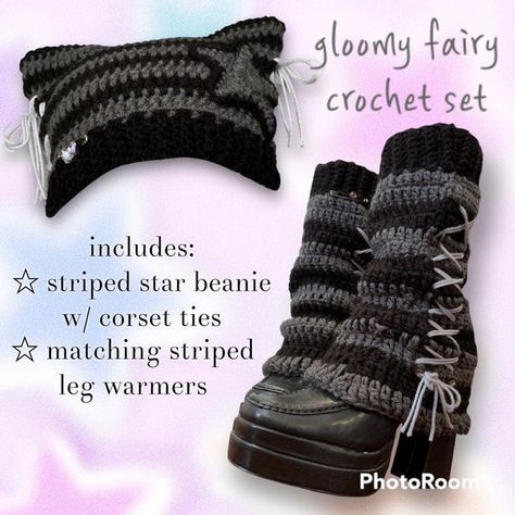 Crochet cat hat knitting double crochet leg warmers gloomy fairy Cute Arm Warmers Aesthetic, Crochet For Adults, Cute Hat Crochet Pattern Free, Grunge Crochet Accessories, Crochet Clothes Set Pattern, Crochet Grunge Aesthetic, Goth Crochet Decor, Emo Sewing Patterns, Crochet Ideas Black Yarn