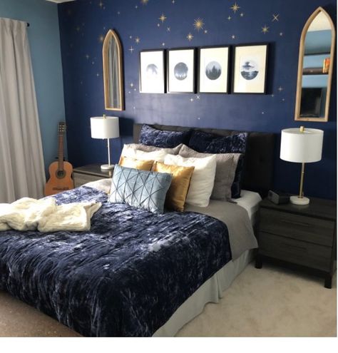 Bedroom Vanity Lights, Blue Harry Potter Room, Ravenclaw Tower Aesthetic, Star Aesthetic Bedroom, Ravenclaw Interior Design, Ravenclaw Dorm Room Aesthetic, Navy Blue Aesthetic Room Decor, Room Decor Bedroom Aesthetic Blue, Gothic Inspired Bedroom