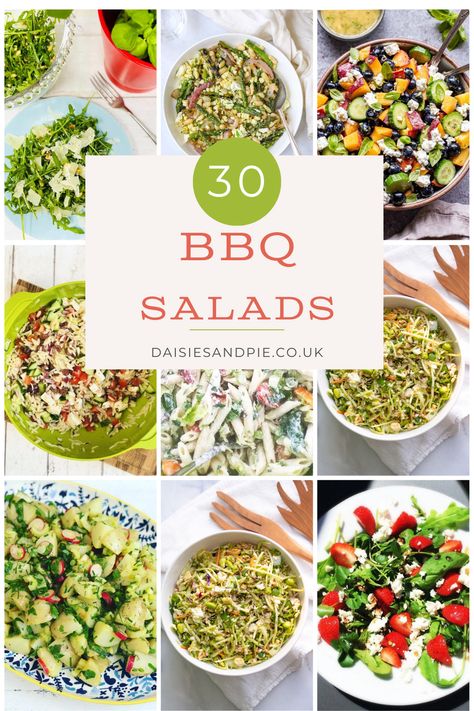 collage of salad recipes including - rocket salad, whit bean, cherry and peach, greek orzo, BLT pasta salad, asian coleslaw, vegan potato salad, strawberry and feta salad. text overlay reads "30 BBQ salads - daisiesandpie.co.uk" Salad Recipes For Barbeque, Recipes For Bbq, Barbeque Salad Ideas, Salad For Barbeque Summer, Summer Bbq Dinner, Salad To Go With Bbq Ribs, Salad Ideas For Bbq, Salad With Bbq, Wedding Salad Ideas