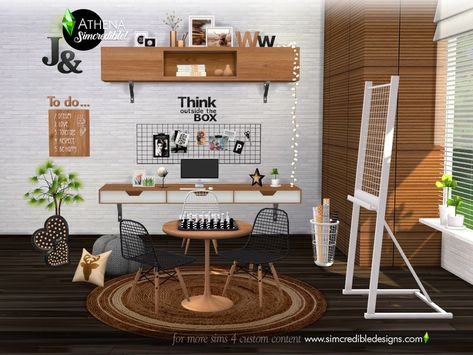 Bringing for your sims a nice place to study. The Athena set features easel, bookcases, chess table and more for your sims enjoy gain their skills in a cool, beautiful and modern ambiance. Wall... Sims 4 School, Study Room Furniture, Mods Sims 4, Sims 4 Clutter, Library Chair, Chess Table, Casas The Sims 4, Study Set, Sims 4 Cc Furniture