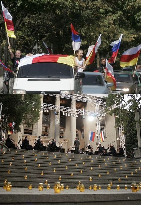 Top - Celebrations after Russia recognizes South Ossestia’s independence from Georgia, 2008 / Bottom - Valery Gergiev, Russian (of Ossetian origin) conductor & director of Mariinsky Theater, conducted a concert @ the ruined South Ossestia parliament in memory of the victims of the war in South Ossetia, August 2008 South Ossetia, Theater, Georgia, Russia, Concert, Celebrities, The Originals, Ruins