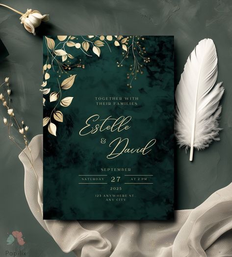 In a symphony of deep green and gleaming gold, this wedding invitation whispers elegance and timeless allure. Intricate gold leaves and delicate botanical motifs intertwine, echoing the enchanting beauty of nature's artistry. It's a perfect invitation for couples envisioning a sophisticated and unforgettable celebration.  Preview the design at the link below.  https://www.canva.com/design/DAGKvxhoF5o/l1-tdthNVYlVY7QbD-GffA/view?utm_content=DAGKvxho  
.#WeddingInvitations #DIYWedding #WeddingStationery #WeddingInspiration #WeddingPlanning Emerald Green And Black Wedding Invitations, Champagne Gold And Emerald Green Wedding, Everest Green Wedding, Green Gold Quinceanera Theme, Wedding Invitations Forest Green, Green Gold Champagne Wedding, Dark Green Theme Wedding, Forest Green Wedding Invites, Forest Green And Grey Wedding