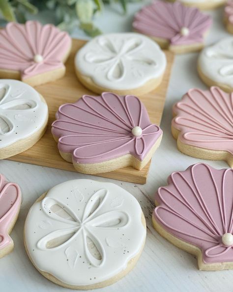 Essen, Bathing Suit Royal Icing Cookies, Shell And Starfish Cookies, Seashell Decorated Cookies, Boho Mermaid Cookies, Seashell Cookies Royal Icing, Sand Dollar Sugar Cookies, Sea Creature Cookies Decorated, Beach Themed Decorated Cookies