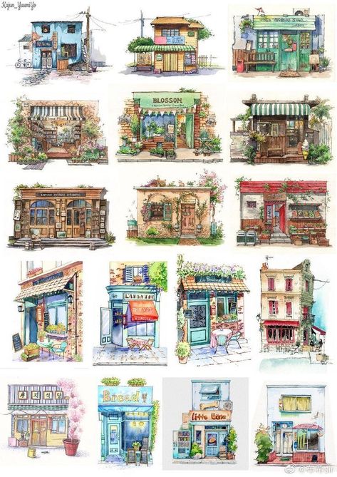 Sketchbook Ideas Buildings, Anime House Drawing, Watercolor Art Buildings, Building Illustration Sketch, Sketchbook Buildings, Building Design Sketch, Watercolor Art Architecture, Storefront Illustration, Watercolor Buildings