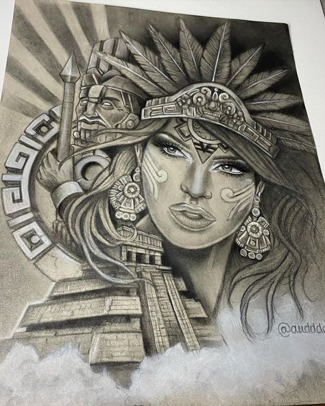 𝐀𝐮𝐝𝐫𝐢𝐢 on Instagram: “I’ve learned so much about Aztec culture these last 2 years. I 🤎 everything about it. •Charcoal pencil on toned grey paper 👉🏻Click the li…” Aztec Warrior Tattoo, Aztec Tattoos Sleeve, Azteca Tattoo, Gotik Tattoo, Aztec Drawing, Art Chicano, Aztec Artwork, Mayan Tattoos, Aztec Tattoos