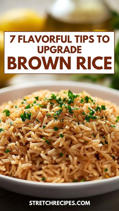 Brown rice doesn’t have to be bland! Let's explore 7 creative ways to make brown rice taste good. Whether it’s cooking it in chicken broth, adding cheesy goodness, or trying a fried rice recipe, Sharing tips that will transform your meals. Save this pin now and click through for the full guide! Brown Rice With Spinach, Herbed Brown Rice Recipes, Brown Rice Pilaf Recipe Easy, Short Grain Brown Rice Recipes, Greek Brown Rice Recipe, Brown Rice With Vegetables, Delicious Brown Rice, Yummy Brown Rice Recipes, Healthy Seasoned Rice