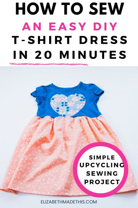 Quick and cute DIY t-shirt dress: How to turn a t-shirt into a dress (2T-14 sizes) - Elizabeth Made This Dress From Shirt Diy, Turn A Shirt Into A Dress, Tshirt Dress Sewing Pattern, Turn A T Shirt Into A Dress, Tshirt Dress Patterns Free, Diy Shirt Into Dress, Diy Girls Clothes, Upcycle Tshirt Dress Diy, Diy Tshirt Dress