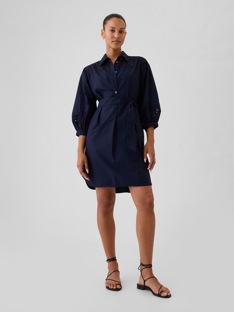 Soft cotton mini shirtdress.  Point collar, button placket.  Elbow puff sleeves with eyelet detailing.  Tie belt at waist.  * Fit: Relaxed.  A shift silhouette with a relaxed & easy fit throughout.  * Style Note: For a more Classic fit, go down one Wishlist 2024, Belt Tying, Fall 2024, Christmas Wishlist, Shirtdress, Dress Code, Tie Belt, Button Placket, Dress Codes