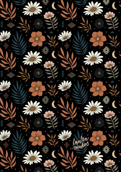 Daisy, palm leaves, desert vibes, and southwestern motifs make up a repeat pattern. Flowers Repeat Pattern, Wallpaper Repeat Pattern, Vintage Patterns Design, Simple Halloween Designs, Fall Floral Wallpaper, Fall Floral Pattern, Floral Repeat Pattern, Flower Pattern Design Prints, Repeating Pattern Design