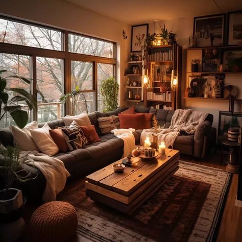 Living Room Inspiration L Shape Couch, Cosy Home Decor Living Room, Brown Room Interior Design, Cozy Luxury Homes, Living Room Natural Colors Earth Tones, Earth Tone House Interior, Home Decor Brown Tones, Aesthetic Lighting Living Room, Living Room Inspo Cozy Vintage