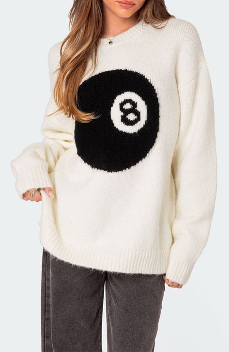 Always feel lucky in this supersoft cotton-blend sweater showcasing an eight ball on the front. Crewneck Long sleeves 50% cotton, 50% polyester Machine wash, dry flat Imported Oversized Chunky Knit Sweater, Cozy Oversized Sweaters, Sweater Chunky, Pull Oversize, Chunky Knit Sweater, Chunky Knits Sweater, Inspiration Mode, Oversized Sweater, Sweaters Oversized