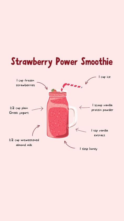 strawberry power smoothie Easy At Home Smoothies, What To Put In Smoothies, Healthy Drinks For Breakfast, Healthy Strawberry Shake, Smoothie Recipes For Picky Eaters, How To Make Strawberry Smoothie, Healthy Strawberry Refresher, How To Make A Strawberry Refresher, Preppy Smoothie Recipes