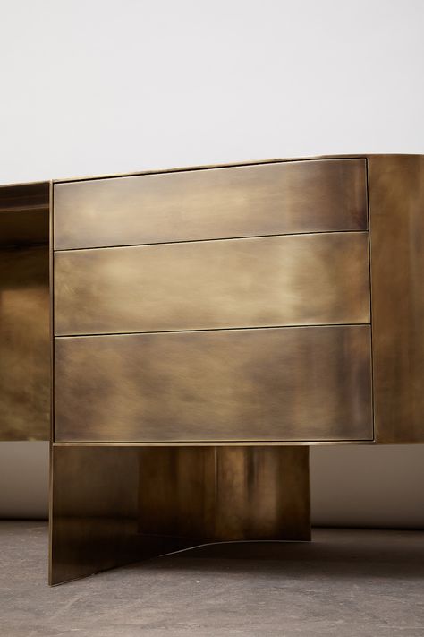 Nate Berkus, Shipping Furniture, Texture Metal, Joinery Details, Minimalist Desk, Brass Furniture, Brass Desk, Metal Cabinet, Furniture Details