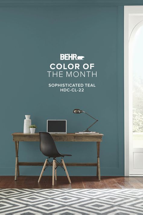 Upgrade your walls with Sophisticated Teal, our Color of the Month. Sophisticated Teal Behr Color Palettes, Teal Gray Paint Colors, Sophisticated Teal Behr, Trinity Thomas, Blue Green Paint Colors, Teal Painted Walls, Teal Office, Teal Front Doors, Teal Paint Colors