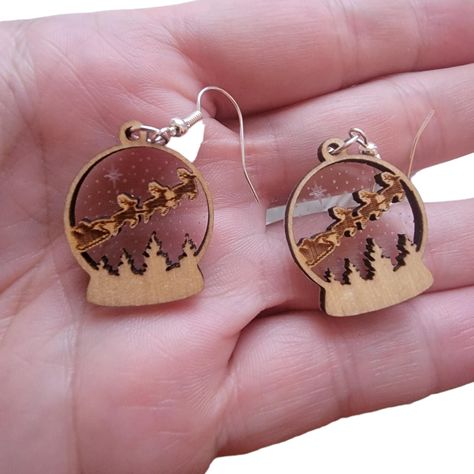 Laser Cut Wood Earrings Christmas, Laser Cut Christmas Earrings, Acrylic Christmas Earrings, Snowglobe Earrings, Glowforge Earrings, Laser Acrylic, Christmas Snowglobe, Globe Earrings, Santa Snow Globe