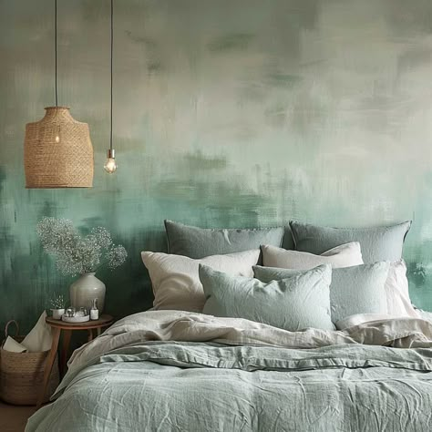 Romantic Accent Wall Bedroom, Green Ombre Wall Paint, Painting Bedroom Wall Ideas Small Rooms, Ombre Accent Wall Bedroom, Statement Wall Paint Ideas, Goldenrod Bedroom, Green Wall Painting Ideas Bedroom, Statement Bedroom Wall, Feature Wall Ideas Paint