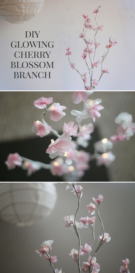 DIY Glowing Cherry Blossom Branch Tutorial for Wedding, Home, or Nursery Decor - Shrimp Salad Circus Diy Branch Centerpieces, Cherry Blossom Party, Cherry Blossom Theme, Branch Centerpieces, Diy Fleur, Blossom Branch, Cherry Blossom Wedding, Cherry Blossom Branch, Paper Flowers Wedding