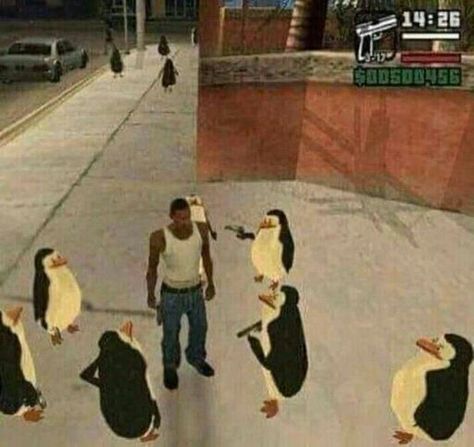 Gta screen with madagasca pinguins Gta Funny, Carl Johnson, Image Meme, 3d Karakter, Gta Sa, Funny Profile, Funny Profile Pictures, San Andreas, Cartoon Profile Pics