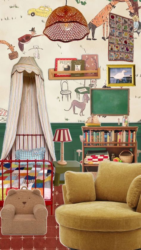 Nursery With White Walls, Beachy Baby Room, Vintage Playroom Ideas, Colorful Childrens Room, Vintage Nursery Decor Ideas, Eclectic Nursery Girl, Green Crib Nursery, Eclectic Boys Room, 90s Nursery