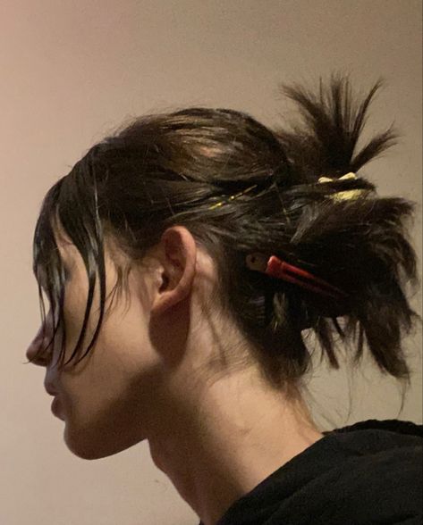 Long Tied Hair Man, Masc Hairstyles For Women With Long Hair, Men With Feminine Hair, Short Tied Hair, Long Hair Men Tied Back, Half Up Half Down Masc, Men Tied Hair, Man Tying Hair Pose, Tying Short Hair