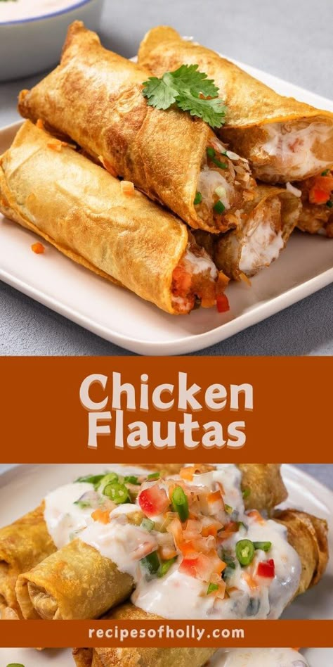 Chicken Flautas - Recipes of Holly Chicken Flautas Recipe Mexican, Flautas Recipe Chicken, Baked Chicken Flautas, Chicken Flautas Recipe, Flautas Recipe, Appetizer Chicken, Mexican Food Tacos, Baked Ziti With Chicken, Chicken Flautas