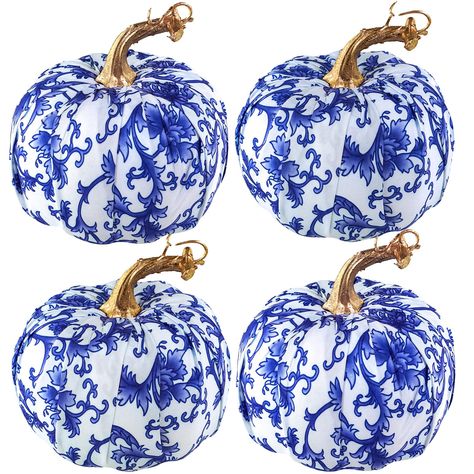 PRICES MAY VARY. Quantity: Package includes 4 pcs beautiful blue and white fabric pumpkins with chinoiserie-style patterns. Chinoiserie is an all-time classic which will be a simple yet classy way to bring some style to your home decor. These chic chinoiserie pumpkins look stunning as a set, but also make a statement when incorporated within your fall decor. Classic and filled with gorgeous color, these decorative pumpkins will add rustic elegance to your fall, Halloween or Thanksgiving decor. C Blue And White Fall Decor, Blue Fall Decor, Chinoiserie Pumpkins, Farmhouse Thanksgiving, Fall Wedding Tables, Chinoiserie Blue, Blue And White Chinoiserie, Foam Pumpkins, Blue And White Fabric