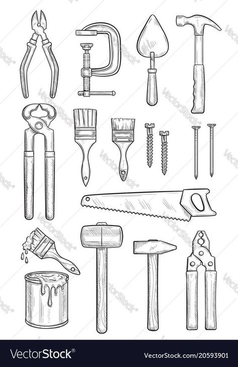 Repair tool sketch for construction and carpentry vector image on VectorStock#tattoo #tattooequipment #tattoomachine Croquis, Hammer Drawing, Hammer Tattoo, Handyman Logo, Instrument Design, Angel Wings Drawing, Tool Tattoo, Nail Drawing, Tattoo Equipment