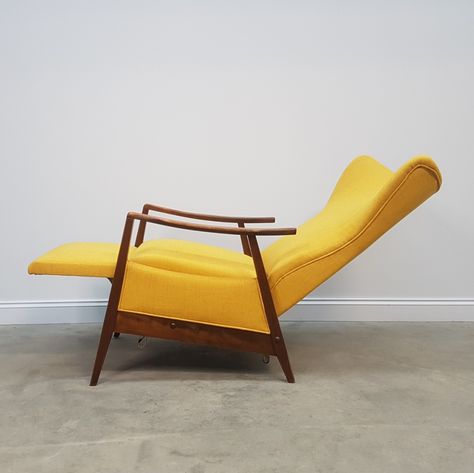 For sale: 1960's Mid Century Danish Recliner Armchair in Yellow Mid Century Recliner, Sofa Reupholstery, Mid Century Modern Recliner, 60s Furniture, Mid Century Modern Lounge Chairs, Basement Living Rooms, Mid Century Living, Reclining Armchair, Mid Century Living Room