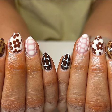 Katie Haskins Madsen on Instagram: "These are perfect!!! Fall nails!! #fallnails #septembernails #octobernails #nails #brownnails #nailsnailsnails" Cute Fall Thanksgiving Nails, November Nail Inspo Short, November Nails Gel, Fall Leopard Nail Designs, Rust Orange Nails, November Nail Art Fall, Western Fall Nails, Hunting Nails, Cute November Nails