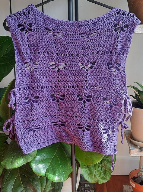 Dragonfly Pattern Crochet, Crochet Dragonfly Top Pattern, Crochet Dragonfly Tank Top, Dragonfly Crochet Top Pattern Free, Crochet Side Tie Top Pattern, Side Tie Crochet Top, Dragon Fly Crochet Pattern, Crochet Side Tie Top, Crochet Purple Top